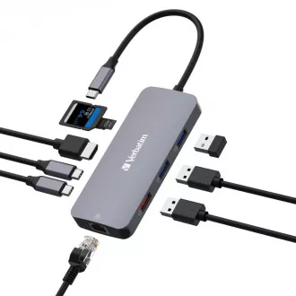 VERBATIM Hub USB-C Pro Multiport 9 Port, 3x USB 3.2, 2x USB-C, HDMI, RJ45, microSD/SD, sivi VERBATIM Hub USB-C Pro Multiport 9 Port, 3x USB 3.2, 2x USB-C, HDMI, RJ45, microSD/SD, sivi