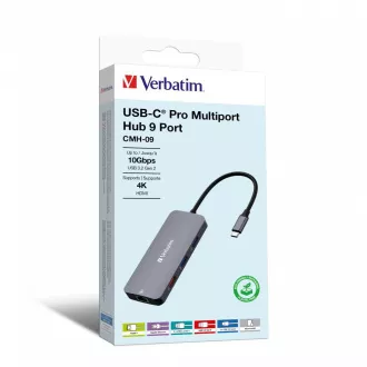 VERBATIM Hub USB-C Pro Multiport 9 Port, 3x USB 3.2, 2x USB-C, HDMI, RJ45, microSD/SD, sivi VERBATIM Hub USB-C Pro Multiport 9 Port, 3x USB 3.2, 2x USB-C, HDMI, RJ45, microSD/SD, sivi