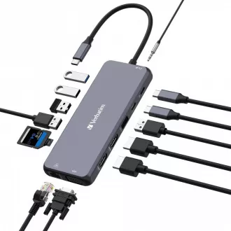 VERBATIM Hub USB-C Pro Multiport 14 Port, 5x USB-A, 2x USB-C, 2x HDMI, 1xVGA, RJ45, 3,5 mm Jack audio, microSD/SD, sivi