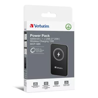 VERBATIM Power bank Charge 'n' Go, magnetski, 5000 mAh, USB-C, crni