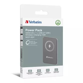 VERBATIM Power bank Charge 'n' Go, magnetna, 5000 mAh, USB-C, siva