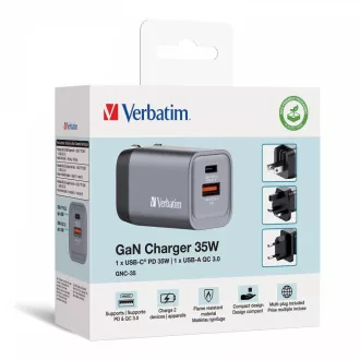 VERBATIM GaN mrežni punjač GNC-35, 35W, 1x USB-C, 1x USB