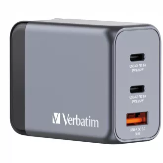 VERBATIM GaN mrežni punjač GNC-65, 65W, 2x USB-C, 1x USB VERBATIM GaN mrežni punjač GNC-65, 65W, 2x USB-C, 1x USB