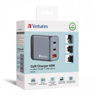 VERBATIM GaN mrežni punjač GNC-65, 65W, 2x USB-C, 1x USB VERBATIM GaN mrežni punjač GNC-65, 65W, 2x USB-C, 1x USB