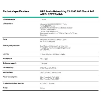 HPE Aruba Networking CX 6100 48G Class4 PoE 4SFP+ 370W prekidač OBNOVI JL675A
