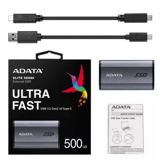 ADATA vanjski SSD 500GB SE880, USB-C 3.2 Gen 2x2, R:2000/W:2000MB/s, sivi