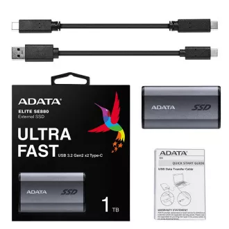 ADATA vanjski SSD 1TB SE880, USB-C 3.2 Gen 2x2, R:2000/W:2000MB/s, sivi