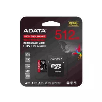 ADATA MicroSDXC kartica 512GB High Endurance UHS-I C10 V30 A2 (R:100/W:85 MB/s) + SD adapter