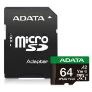 ADATA MicroSDXC kartica 64GB Speed Plus, U3, C10, A2, V30 (R:160/W:140 MB/s) + SD adapter