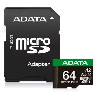 ADATA MicroSDXC kartica 64GB Speed Plus, U3, C10, A2, V30 (R:160/W:140 MB/s) + SD adapter