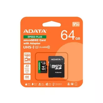 ADATA MicroSDXC kartica 64GB Speed Plus, U3, C10, A2, V30 (R:160/W:140 MB/s) + SD adapter