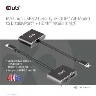 Club3D čvorište MST (Multi Stream Transport) USB3.2 Gen2 Type-C (DP Alt-Mode) na DisplayPort + HDMI 4K60Hz (M/Ž) Club3D čvorište MST (Multi Stream Transport) USB3.2 Gen2 Type-C (DP Alt-Mode) na DisplayPort + HDMI 4K60Hz (M/Ž)