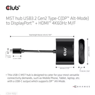 Club3D čvorište MST (Multi Stream Transport) USB3.2 Gen2 Type-C (DP Alt-Mode) na DisplayPort + HDMI 4K60Hz (M/Ž) Club3D čvorište MST (Multi Stream Transport) USB3.2 Gen2 Type-C (DP Alt-Mode) na DisplayPort + HDMI 4K60Hz (M/Ž)