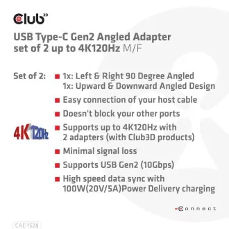 Club3D USB-C Gen2 kutni adapter set od 2, 4K120Hz, 240W, (M/Ž)