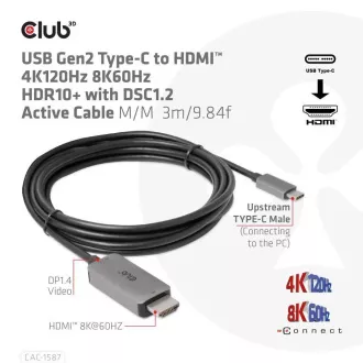 Club3D USB-C na HDMI kabel, 4K120Hz 8K60Hz HDR10 s DSC1.2, aktivni kabel, M/M, 3m Club3D USB-C na HDMI kabel, 4K120Hz 8K60Hz HDR10 s DSC1.2, aktivni kabel, M/M, 3m
