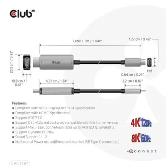 Club3D USB-C na HDMI kabel, 4K120Hz 8K60Hz HDR10 s DSC1.2, aktivni kabel, M/M, 3m Club3D USB-C na HDMI kabel, 4K120Hz 8K60Hz HDR10 s DSC1.2, aktivni kabel, M/M, 3m