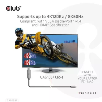 Club3D USB-C na HDMI kabel, 4K120Hz 8K60Hz HDR10 s DSC1.2, aktivni kabel, M/M, 3m Club3D USB-C na HDMI kabel, 4K120Hz 8K60Hz HDR10 s DSC1.2, aktivni kabel, M/M, 3m