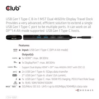 Club 3D USB-C 8-u-1 priključna stanica, 1xDP, 1xHDMI, 1xUSB-C PD100W, 2xUSB, čitač SD kartica, siva Club 3D USB-C 8-u-1 priključna stanica, 1xDP, 1xHDMI, 1xUSB-C PD100W, 2xUSB, čitač SD kartica, siva