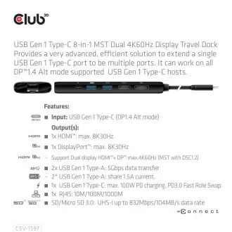 Club 3D USB-C 8-u-1 priključna stanica, 1xDP, 1xHDMI, 1xUSB-C PD100W, 2xUSB, čitač SD kartica, siva Club 3D USB-C 8-u-1 priključna stanica, 1xDP, 1xHDMI, 1xUSB-C PD100W, 2xUSB, čitač SD kartica, siva