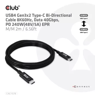 Club3D kabel USB4 Gen3x2 Type-C dvostrani kabel 8K60Hz, podaci 40 Gbps, PD 240W(48V/5A) EPR M/M 2m Club3D kabel USB4 Gen3x2 Type-C dvostrani kabel 8K60Hz, podaci 40 Gbps, PD 240W(48V/5A) EPR M/M 2m