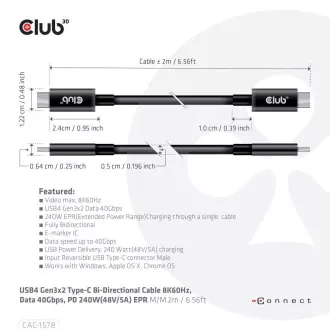 Club3D kabel USB4 Gen3x2 Type-C dvostrani kabel 8K60Hz, podaci 40 Gbps, PD 240W(48V/5A) EPR M/M 2m Club3D kabel USB4 Gen3x2 Type-C dvostrani kabel 8K60Hz, podaci 40 Gbps, PD 240W(48V/5A) EPR M/M 2m