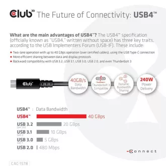 Club3D kabel USB4 Gen3x2 Type-C dvostrani kabel 8K60Hz, podaci 40 Gbps, PD 240W(48V/5A) EPR M/M 2m Club3D kabel USB4 Gen3x2 Type-C dvostrani kabel 8K60Hz, podaci 40 Gbps, PD 240W(48V/5A) EPR M/M 2m