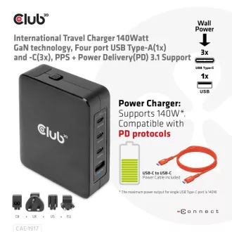 Club3D putni punjač 140W GaN tehnologija, 3xUSB-C, 1xUSB-A, PPS + PD 3.1 podrška