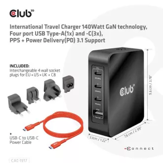 Club3D putni punjač 140W GaN tehnologija, 3xUSB-C, 1xUSB-A, PPS + PD 3.1 podrška