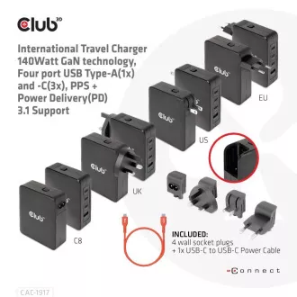 Club3D putni punjač 140W GaN tehnologija, 3xUSB-C, 1xUSB-A, PPS + PD 3.1 podrška