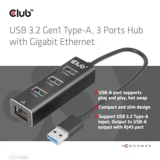 Club3D Hub, USB-A 3.2 Gen1 do 3x USB 3.1, Gigabit Ethernet