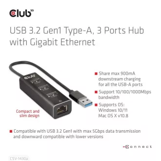 Club3D Hub, USB-A 3.2 Gen1 do 3x USB 3.1, Gigabit Ethernet