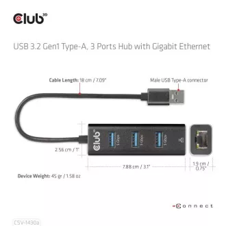 Club3D Hub, USB-A 3.2 Gen1 do 3x USB 3.1, Gigabit Ethernet