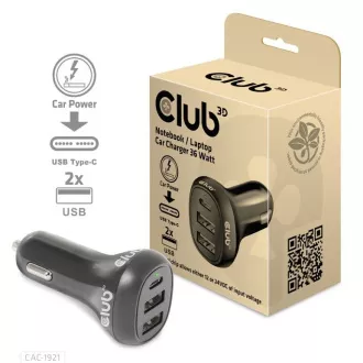 Club3D auto punjač za prijenosna računala 36W, 3 porta (2xUSB-A + USB-C)