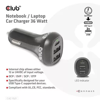 Club3D auto punjač za prijenosna računala 36W, 3 porta (2xUSB-A + USB-C)