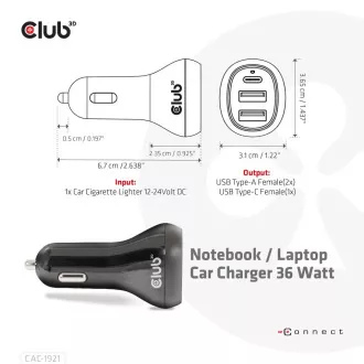 Club3D auto punjač za prijenosna računala 36W, 3 porta (2xUSB-A + USB-C)