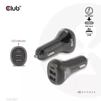 Club3D auto punjač za prijenosna računala 36W, 3 porta (2xUSB-A + USB-C)
