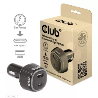 Club3D Auto punjač za prijenosna računala 63W, 2 porta (USB-A + USB-C) Club3D Auto punjač za prijenosna računala 63W, 2 porta (USB-A + USB-C)