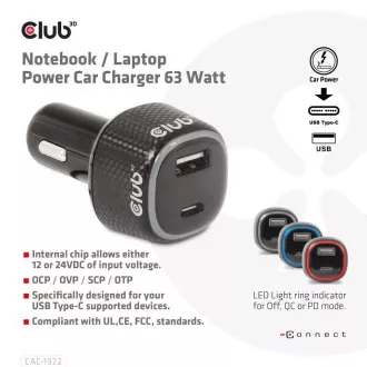 Club3D Auto punjač za prijenosna računala 63W, 2 porta (USB-A + USB-C) Club3D Auto punjač za prijenosna računala 63W, 2 porta (USB-A + USB-C)