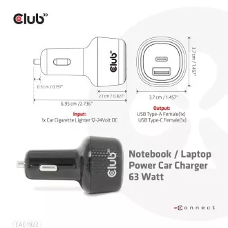 Club3D Auto punjač za prijenosna računala 63W, 2 porta (USB-A + USB-C) Club3D Auto punjač za prijenosna računala 63W, 2 porta (USB-A + USB-C)