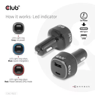 Club3D Auto punjač za prijenosna računala 63W, 2 porta (USB-A + USB-C) Club3D Auto punjač za prijenosna računala 63W, 2 porta (USB-A + USB-C)