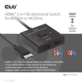 Club3D prekidač, HDMI na 2xHDMI dvostrani 2u1, 8K60Hz, 4K120Hz Club3D prekidač, HDMI na 2xHDMI dvostrani 2u1, 8K60Hz, 4K120Hz