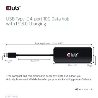 Club3D čvorište 1xUSB-C do 4xUSB-C, 10Gbps priključak, PD 3.0