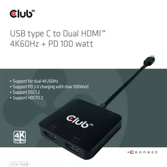 Club3D Video hub MST USB-C na 2xHDMI + USB-C PD 3.0, 4K60Hz Club3D Video hub MST USB-C na 2xHDMI + USB-C PD 3.0, 4K60Hz