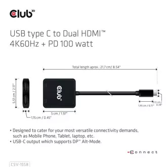 Club3D Video hub MST USB-C na 2xHDMI + USB-C PD 3.0, 4K60Hz Club3D Video hub MST USB-C na 2xHDMI + USB-C PD 3.0, 4K60Hz