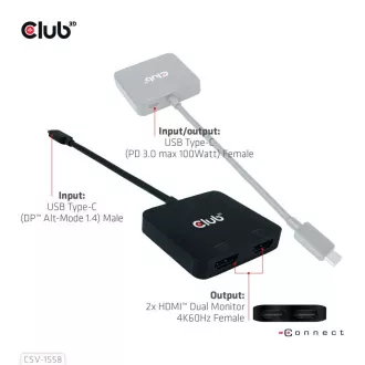 Club3D Video hub MST USB-C na 2xHDMI + USB-C PD 3.0, 4K60Hz Club3D Video hub MST USB-C na 2xHDMI + USB-C PD 3.0, 4K60Hz