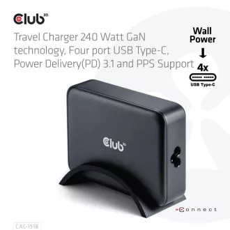 Club3D putni punjač 240W GaN tehnologija, 4xUSB-C, PPS + PD 3.1 podrška