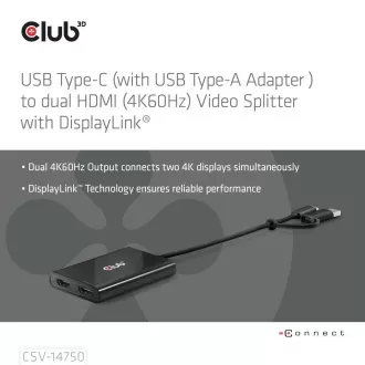 Club3D Video Hub USB-C/A na 2xHDMI 2.0, Dvostruki monitor, 4K60Hz (M/Ž)