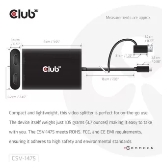 Club3D Video Hub USB-C/A na 2xHDMI 2.0, Dvostruki monitor, 4K60Hz (M/Ž)