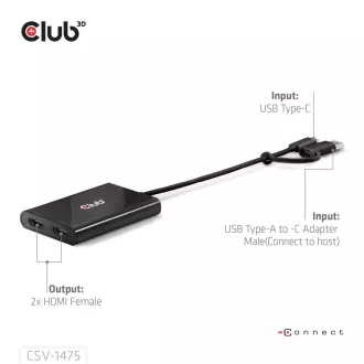 Club3D Video Hub USB-C/A na 2xHDMI 2.0, Dvostruki monitor, 4K60Hz (M/Ž)