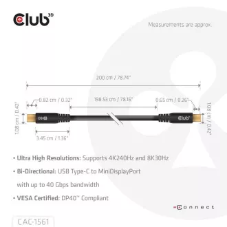 Club3D kabel USB-C na MiniDisplayPort 2.1, 8K30Hz, DSC1.2, UHBR10, 2m Club3D kabel USB-C na MiniDisplayPort 2.1, 8K30Hz, DSC1.2, UHBR10, 2m